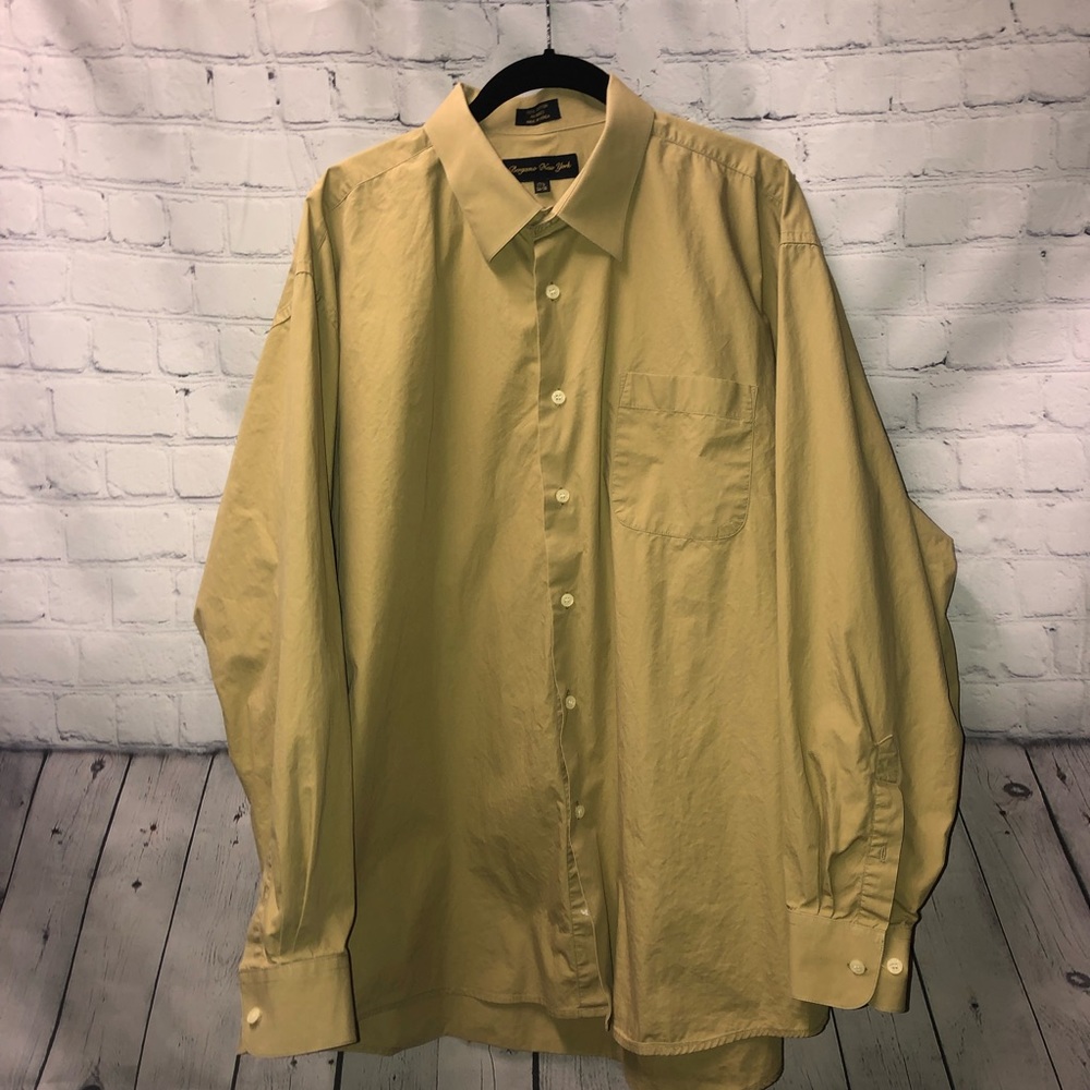 Bergamo New York •  Men’s Dress Shirt, Button Down Size 17 1/2 34/35 Green/Tan